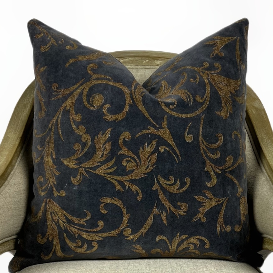 Handcrafted double sided blue-toned gray velour with an empire design in antique gold