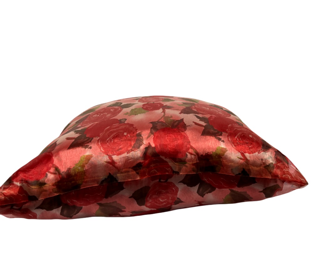 Elegant red Organza and pink pillow with rose floral design - Image 2