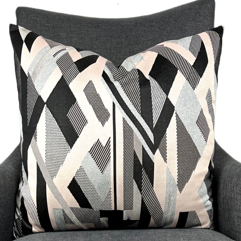 Art deco decorative pillow in pastel pink, silver lurex and gray