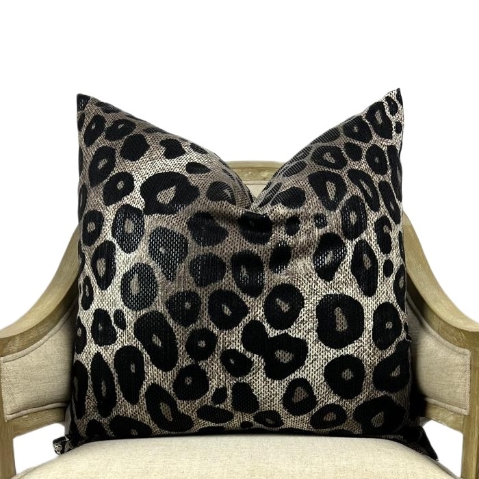 Beige and black leopard printed decorative pillow with reflective snake print