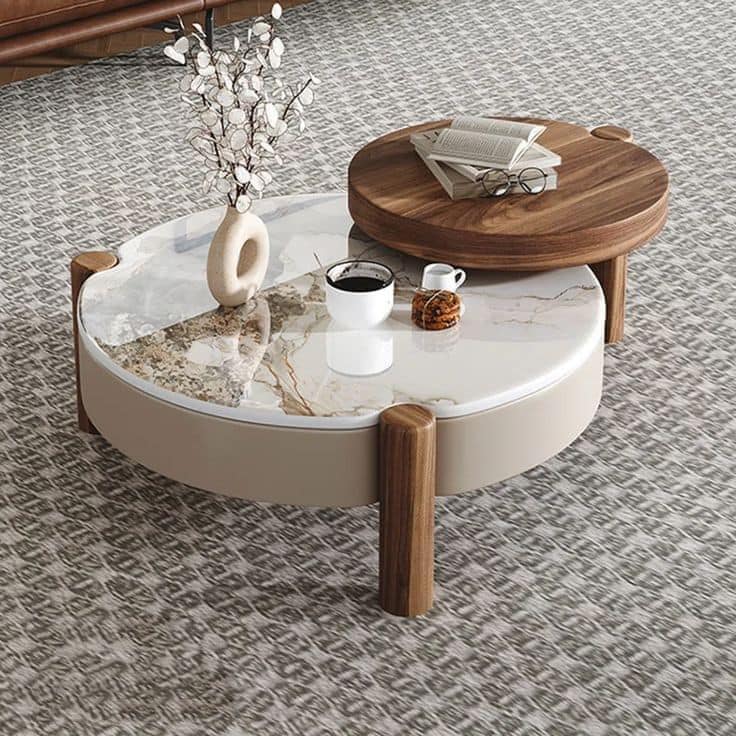Wood Round Coffee Table Microcrystalline Stone Top