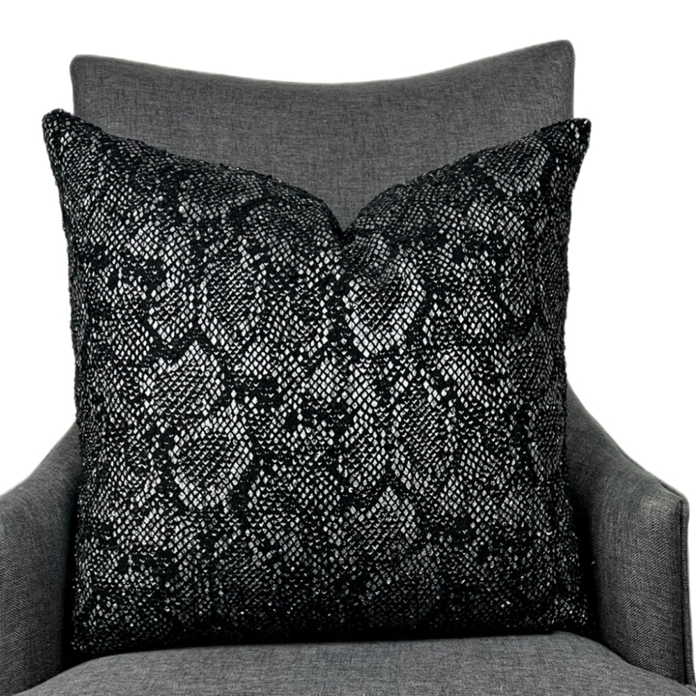 Decorative pillows with phenomenal black and silver snake design finished with scattered black sequins