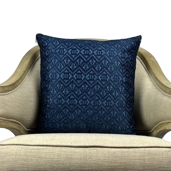 High end dark teal blue decorative pillow with luxurious crochet design